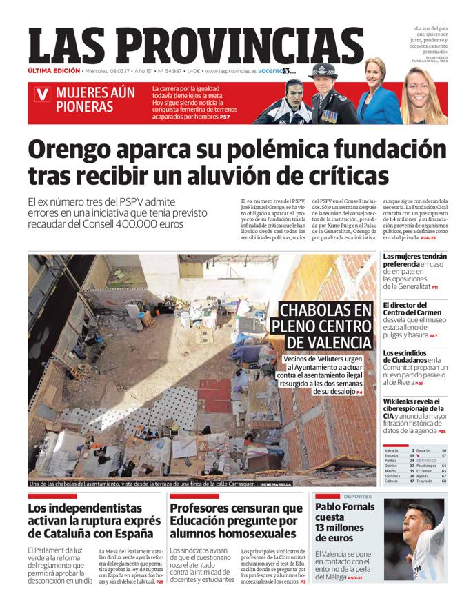 Portada de LAS PROVINCIAS del miércoles 8 de marzo de 2017