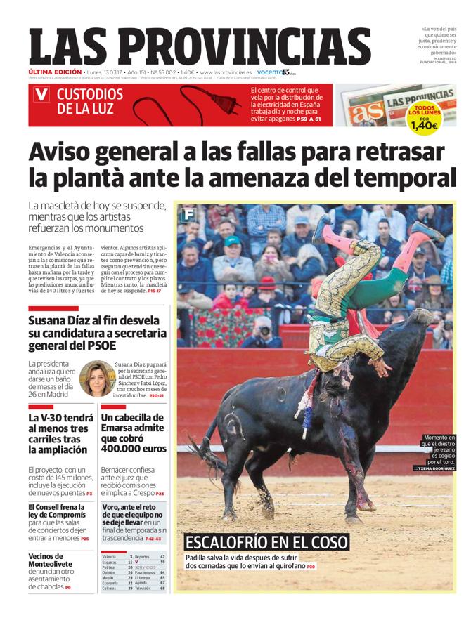 Portada de LAS PROVINCIAS del lunes 13 de marzo de 2017