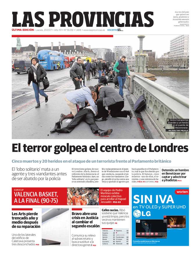 Portada de LAS PROVINCIAS del jueves 23 de marzo de 2017