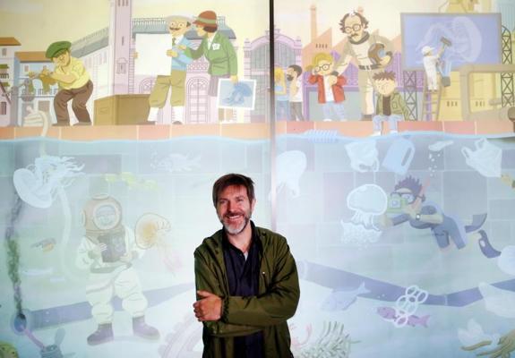 Paco Roca firma su mural inédito sobre medusas en l'Oceanogràfic