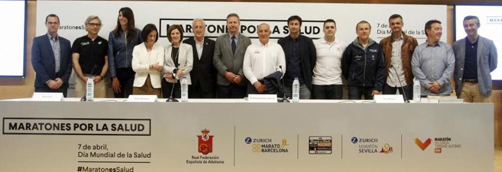 Representantes de la Federación Española de Atletismo y organizadores de los maratones de Barcelona, Madrid, Sevilla y València participan en la jornada "Maratones por la salud" con motivo del Día Mundial de la Salud.