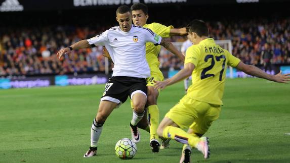 Rodrigo Moreno durante el último encuentro en Mestalla entre el Valencia CF y el Villarreal CF