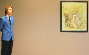 Un trabajador del IVAM, a la izquierda del lienzo 'De las Meninas', que Ramón Gaya pintó en 1981. ::
JUANJO MONZÓ