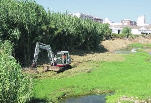 Los operarios están trabajando con maquinaria pesada en el río para despejar el cauce de cañas y maleza. ::
JUANTXO RIBES