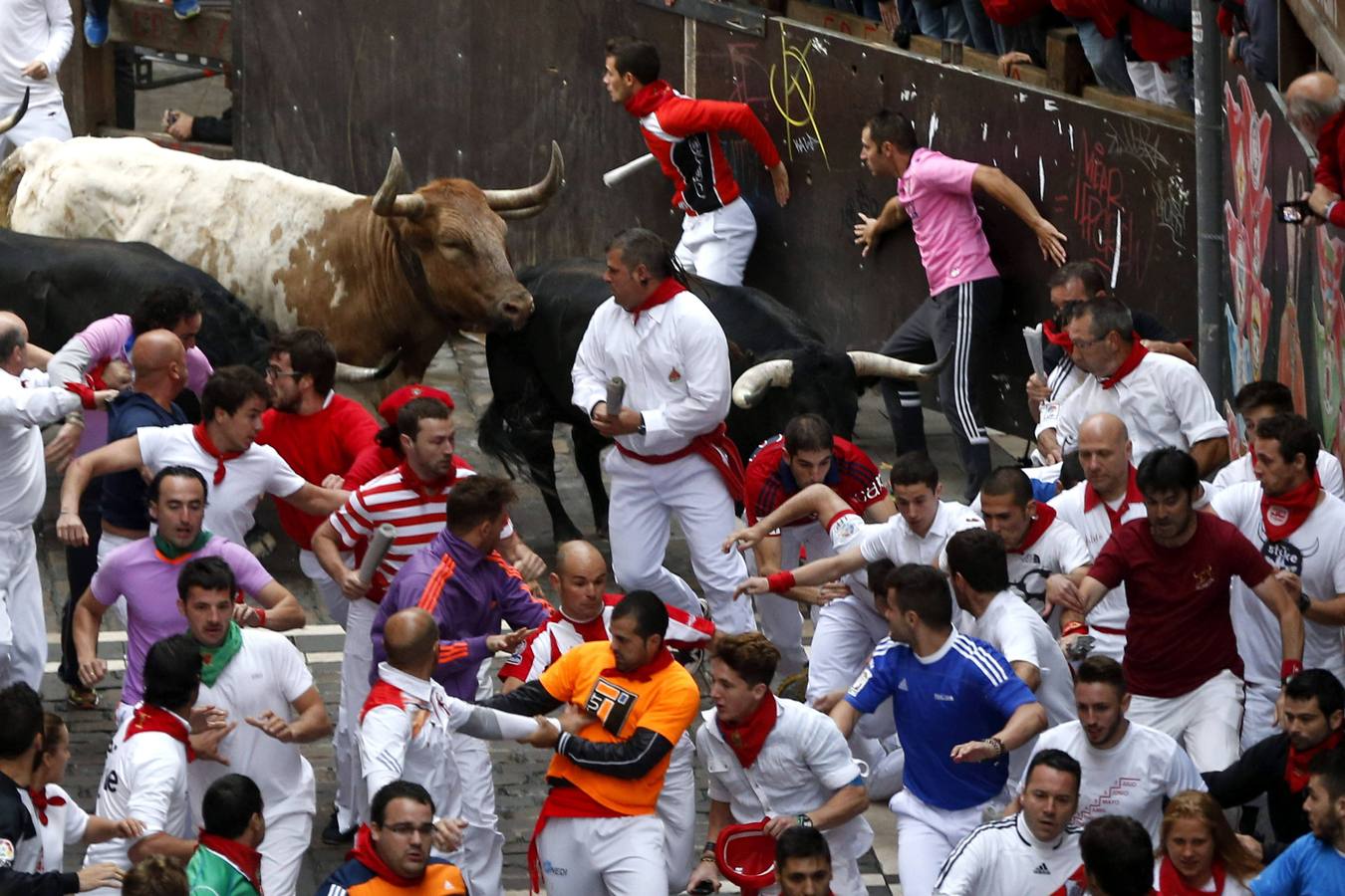 Carrera rápida y muy peligrosa. Los toros de la ganadería salmantina de Garcigrande han creado mucho peligro.