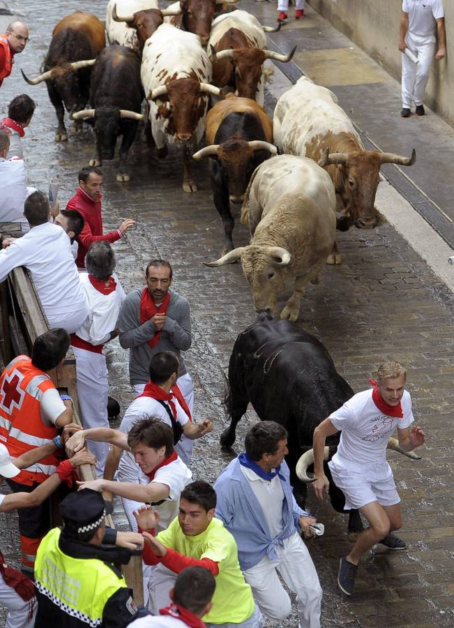 Los Fuente Ymbro, nobles y rápidos. El encierro, a pesar de la lluvia y de la multitud de mozos, ha dejado bonitas carreras.