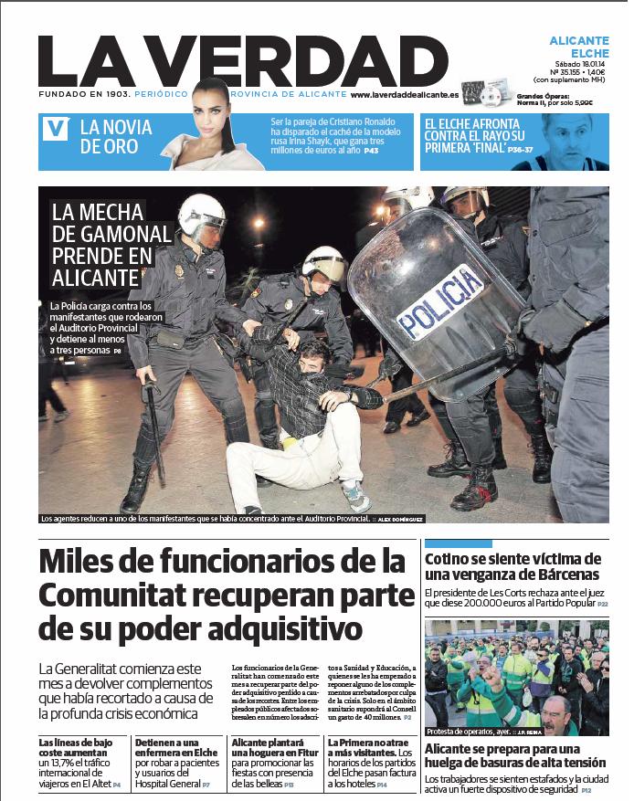 ENERO. Portada 'La Verdad' sábado 18 de enero 2014.