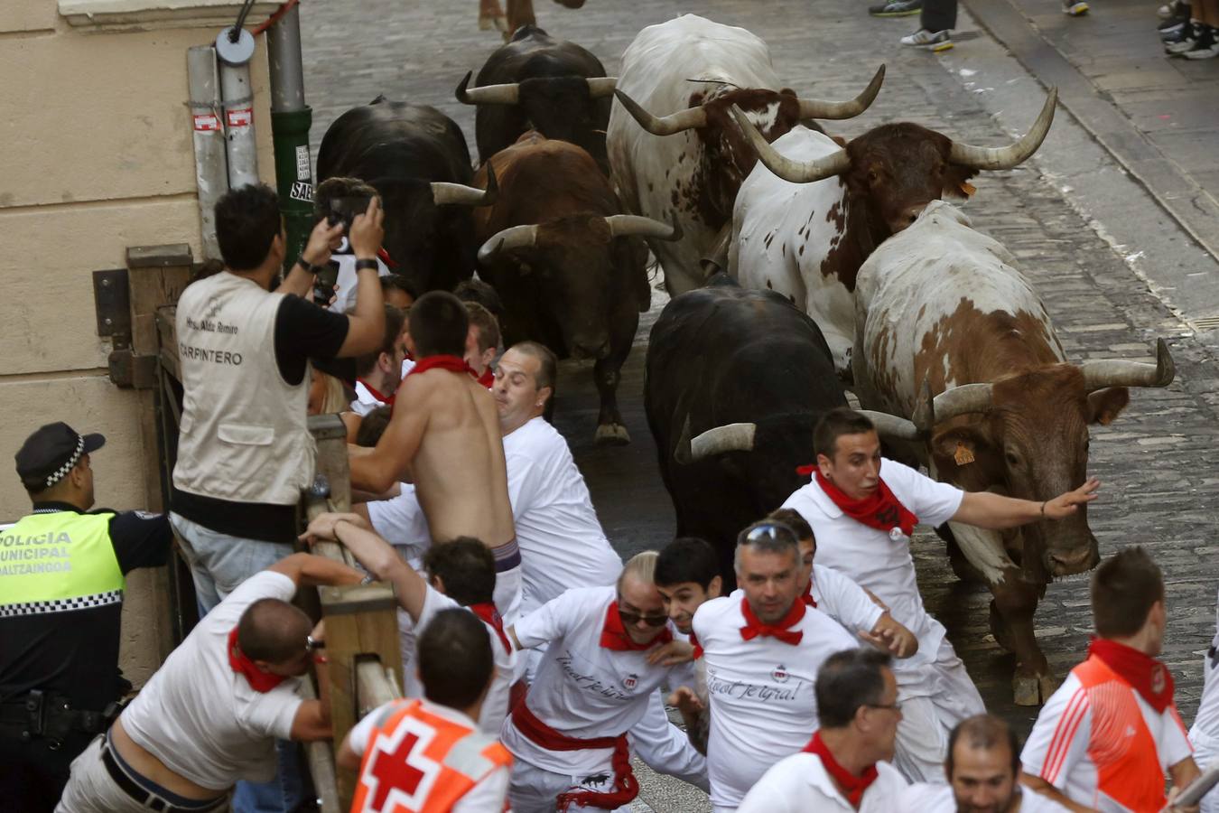 Mozos y toros llenan las calles durante el encierro.