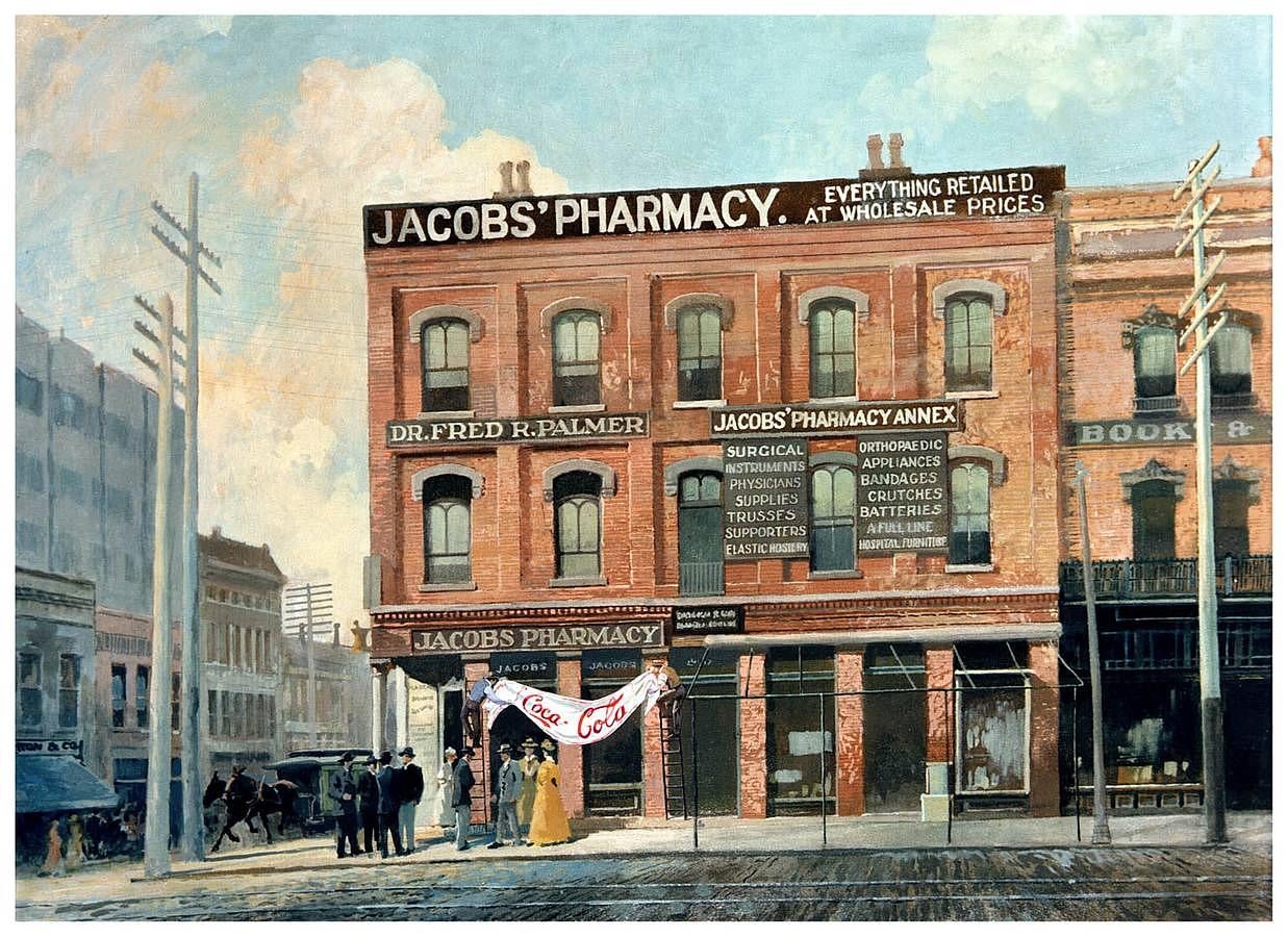 El primer establecimiento del mundo que vendió Coca-Cola. La farmacia de Jacob en Atlanta fue el inicio de la bebida más exitosa del mundo.