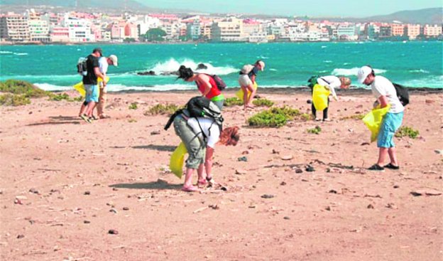 Un grupo de voluntarios recoge basura en una playa.