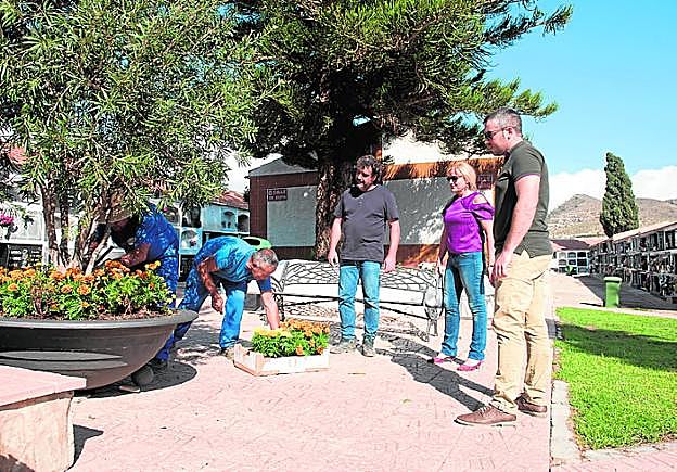 Unos jardineros plantan flores en los maceteros en Mazarrón.