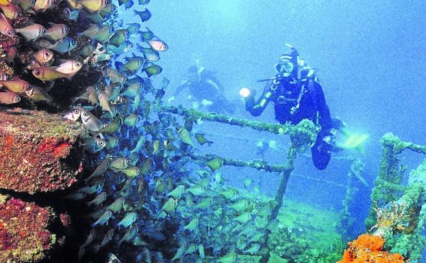 Varios buzos inspeccionan lo que queda del crucero ligero australiano 'HMAS Perth'.