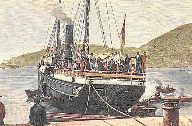 Repatriación. Grabado que refleja la llegada del vapor 'Correo de Cartagena' repleto de repatriados que volvían de Orán.