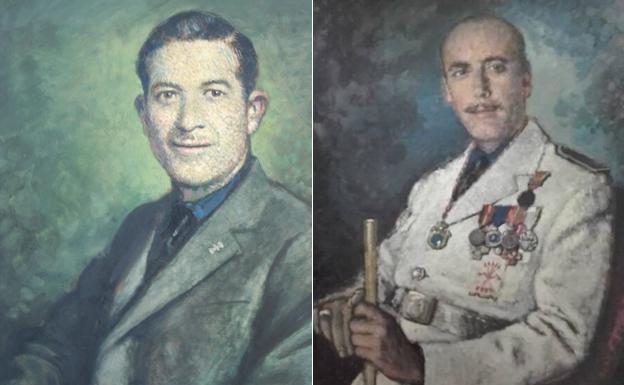 Juan Antonio López Hurtado lleva una insignia falangista en la solapa y Juan Martínez Beltrán, con la chaqueta blanca de la falange.