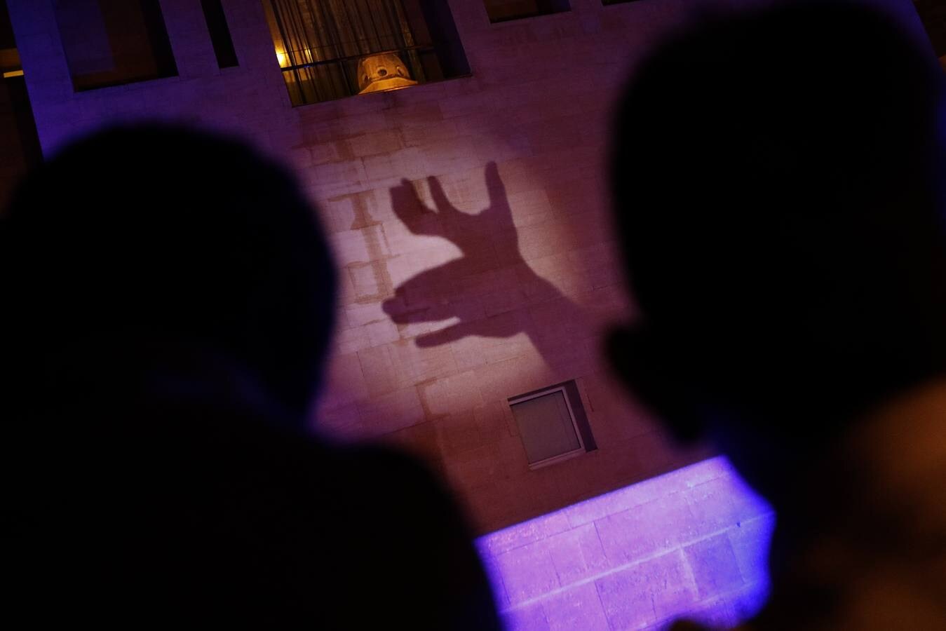 El espectáculo de sombras chinescas sobre la fachada del Moneo, que se retrasó dos días sobre lo anunciado en la programación, fue este jueves una sorpresa para los transeúntes y turistas que cruzaban por la plaza de Belluga