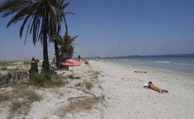 Un bañista hace nudismo en la playa de La Llana en una imagen de este verano. 