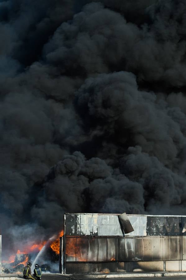 Los bomberos trabajan en la extinción de un incendio en una empresa de reciclaje de residuos en Santomera que ha originado una gran columna de humo a primera hora de la tarde, alrededor de las 16.30 horas de este miércoles.