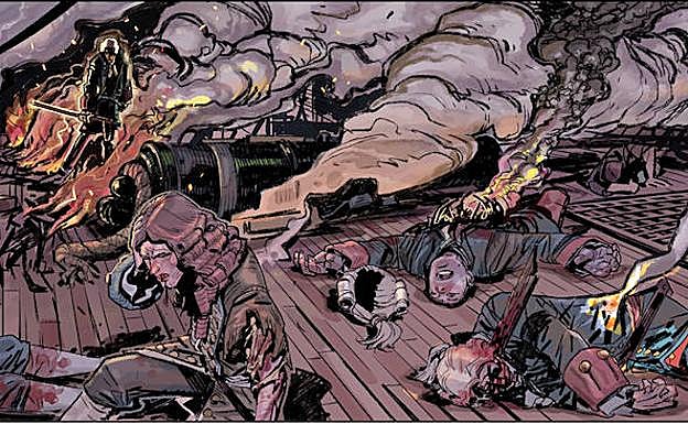 Detalle de una batalla naval dibujada por Guillermo Morrón. 