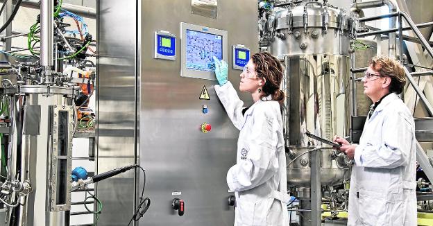 Dos empleados de Bionet (Fuente Álamo), firma especializada en fabricar maquinaria para industrias químicas y farmacéuticas.