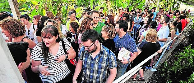 Decenas de opositores, ayer por la mañana, esperando para entrar al examen en el aulario Giner de los Ríos, en el campus de Espinardo. 