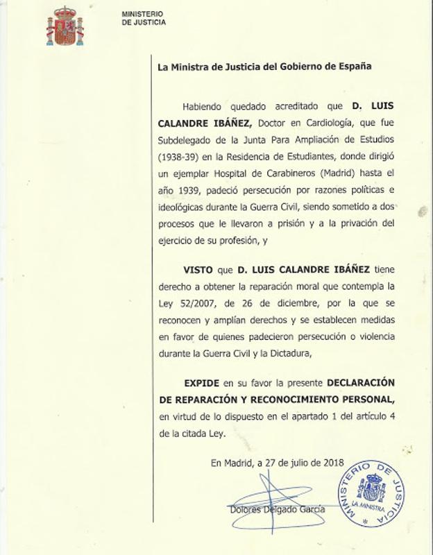 Declaración de reperación y reconocimiento como represaliadode Calandre Ibáñez. 