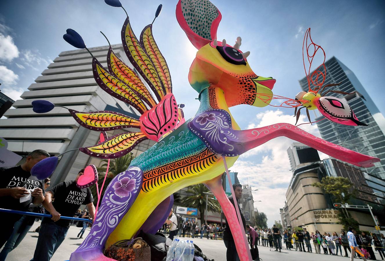 Un centenar de figuras de animales fantásticos, conocidos como alebrijes, desfiló ante la algarabía de decenas de miles de personas que colmaron el recorrido por las calles del centro de la Ciudad de México.