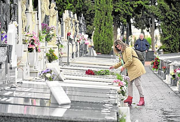 Una mujer deposita, ayer por la mañana, unas rosas sobre la tumba de sus familiares. 