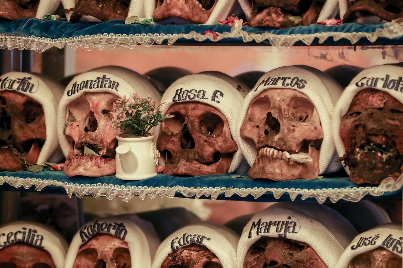 Ciudadanos bolivianos exponen «ñatitas», calaveras humanas, durante la fiesta de las «ñatitas», en La Paz (Bolivia). Las celebraciones en conmemoración de los muertos que comenzaron el pasado 1 de noviembre, acaban con una peculiar fiesta dedicada a las «ñatitas», a las que se les atribuyen capacidades protectoras. 