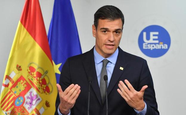 El presidente del Gobierno, Pedro Sánchez, durante su comparecencia en Bruselas. 