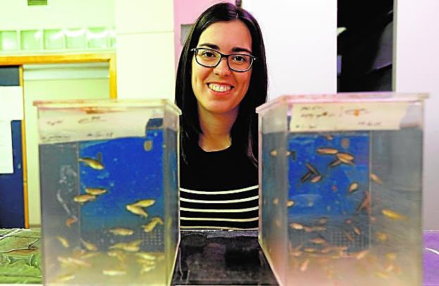 Irene Pardo, en un laboratorio de la Facultad de Biología junto a varios acuarios con peces cebra. 