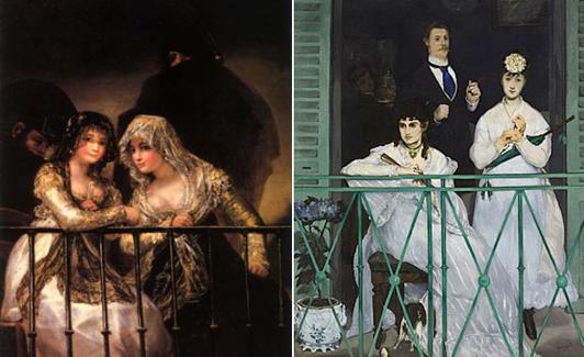 En la imagen izquierda, 'Majas en el balcón' de Francisco de Goya, obra que se encuentra en el Museo Metropolitano de Nueva York. En la imagen dercha, 'Majas en la ventana' de Edouard Manet, una pieza del Museo D'Orsay de París. 