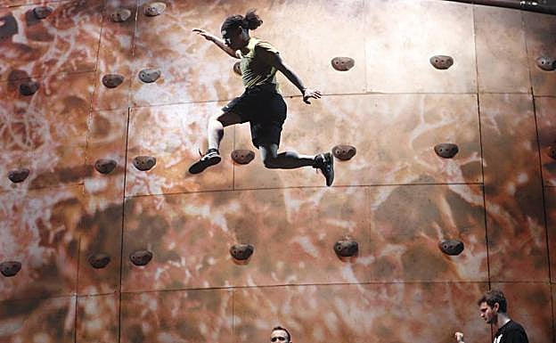 Uno de los grillos acróbatas, saltando en pleno ensayo. 