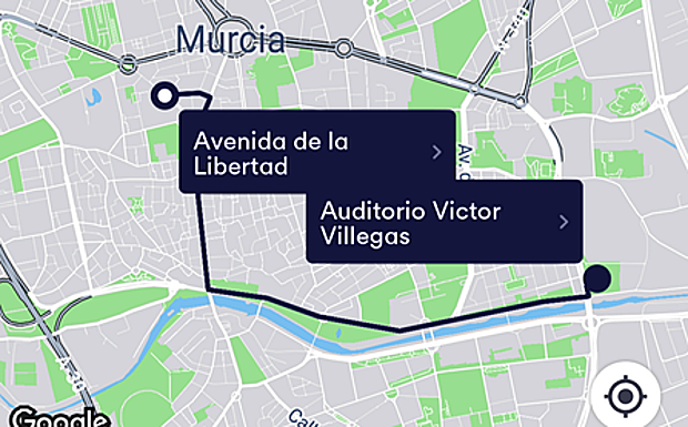 Recorrido hasta el auditorio Víctor Villegas en la aplicación de Cabify. 
