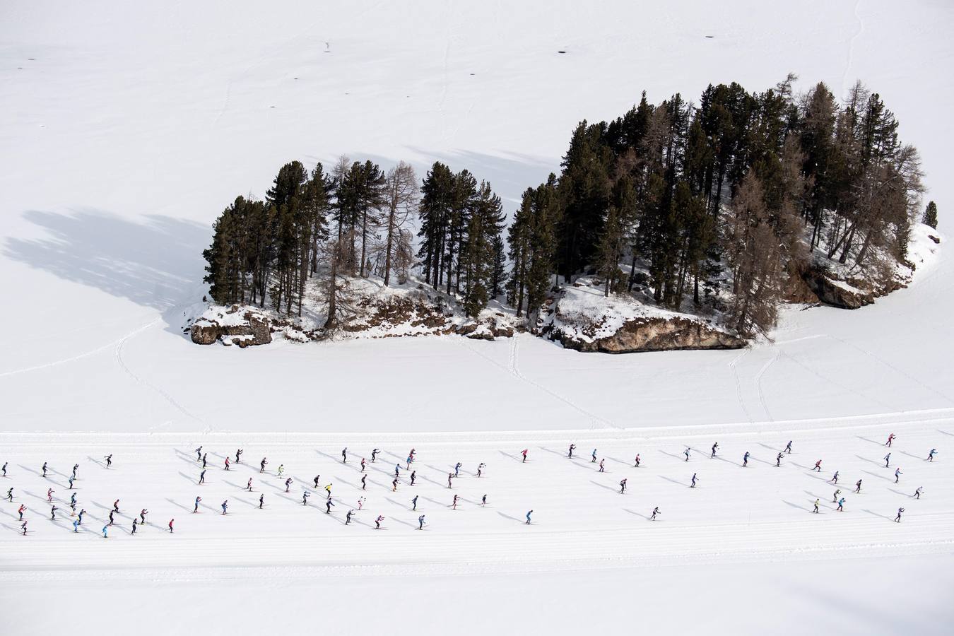 Los atletas compiten en el camino de Maloya a S-Chanf durante la 51 Maratón Anual de Esquí de Engadin en Sils, Suiza.
