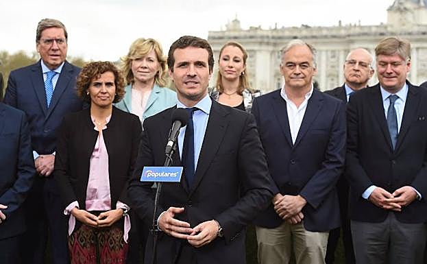 Pablo Casado, durante la presentación de las listas de su partido a las elecciones europeas en un acto celebrado este lunes en los Jardines de Sabatini.