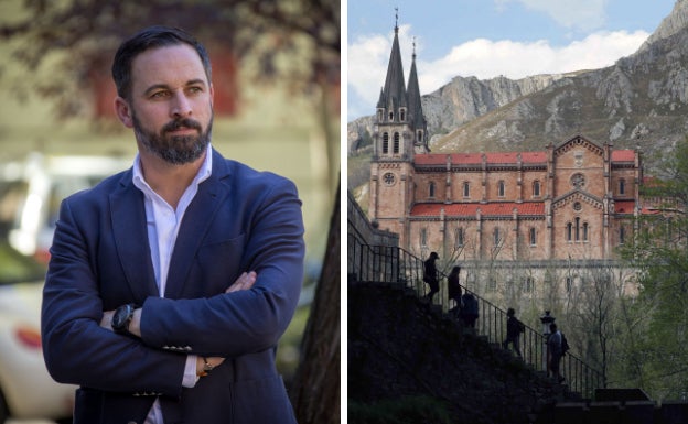 Santiago Abascal y la Basílica de Covadonga vista desde la gruta de la Virgen.