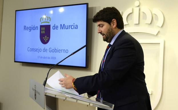 Fernando López Miras, presidente del Ejecutivo regional, en la rueda de prensa del Consejo de Gobierno.
