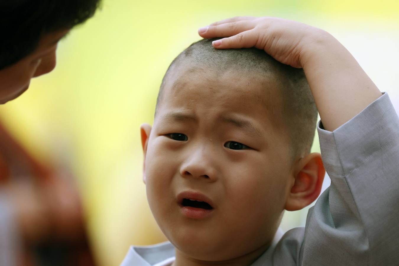 Varios niños reciben un drástico corte de pelo durante una ceremonia en la que menores surcoreanos se convierten en monjes budistas, en el templo Jogyesa de Seúl (Corea del Sur). Los monjes acogen a los niños en el templo durante 21 días para enseñarles los fundamentos de la religión budista.