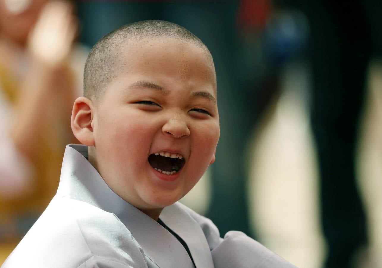 Varios niños reciben un drástico corte de pelo durante una ceremonia en la que menores surcoreanos se convierten en monjes budistas, en el templo Jogyesa de Seúl (Corea del Sur). Los monjes acogen a los niños en el templo durante 21 días para enseñarles los fundamentos de la religión budista.