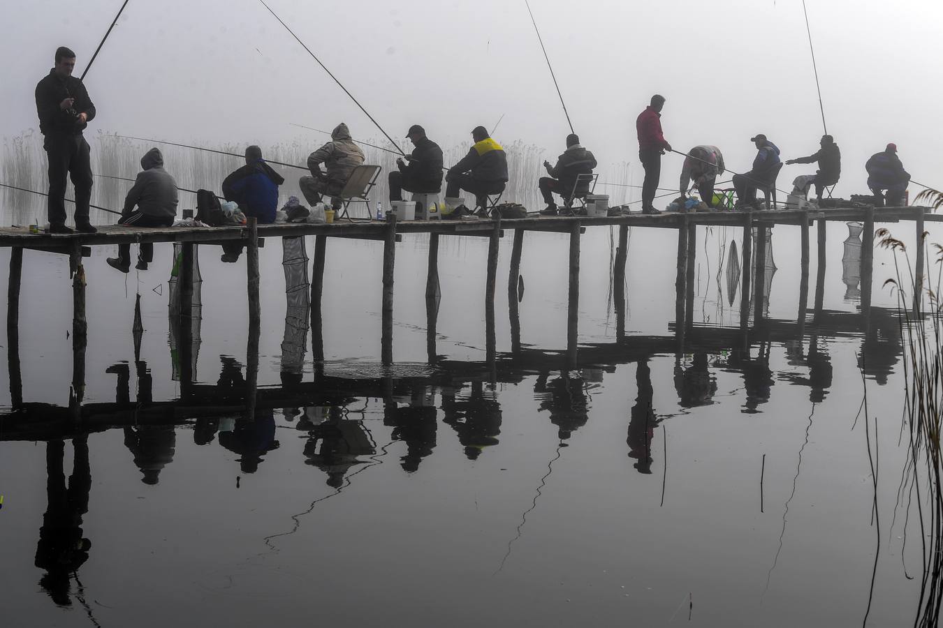 Varias personas pescan bajo la niebla en las orillas del lago Dojran, Macedonia. El lago Dojran es una reserva natural que atrae a diferentes especies de aves debido al clima relativamente cálido y la gran cantidad de peces.