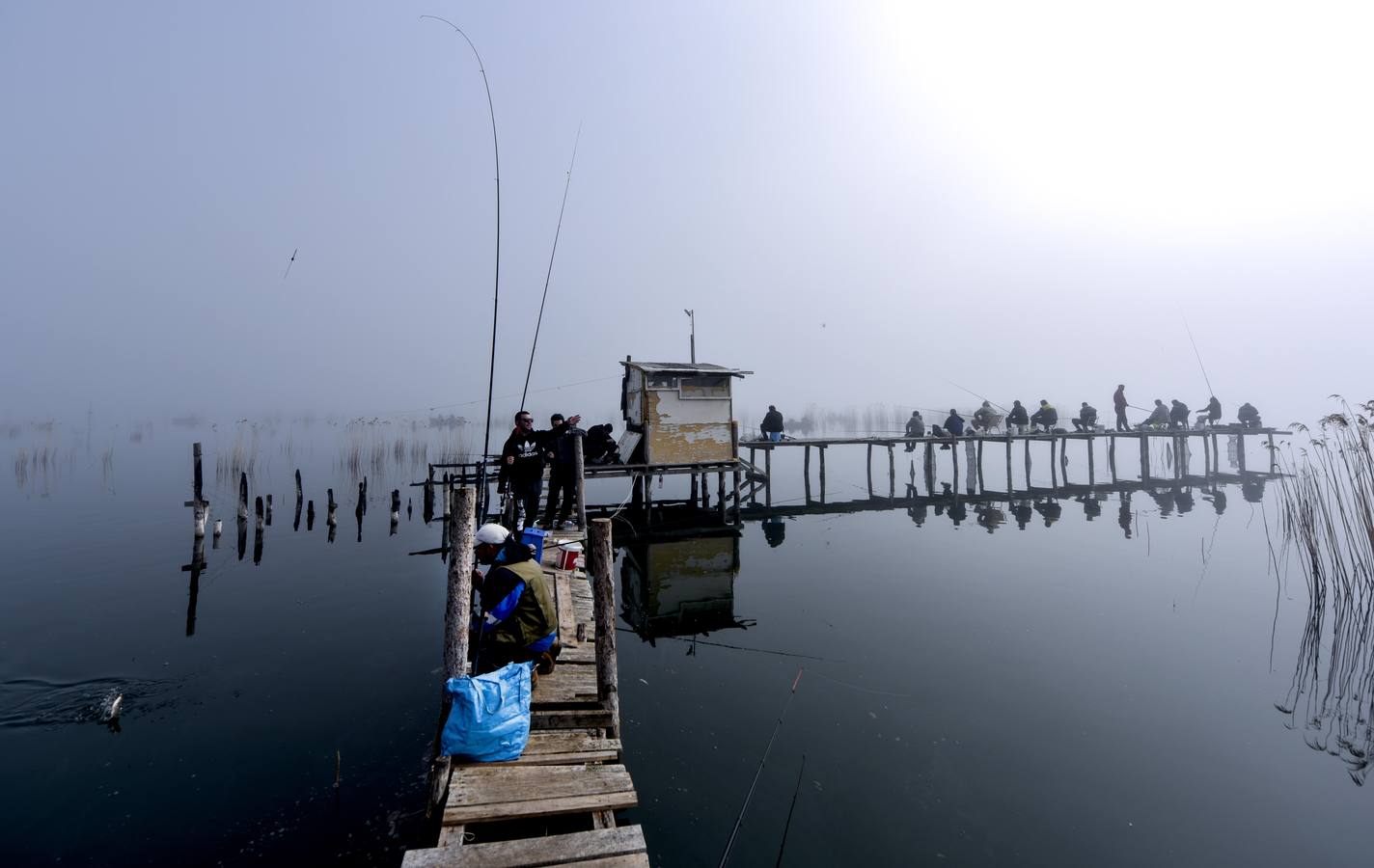 Varias personas pescan bajo la niebla en las orillas del lago Dojran, Macedonia. El lago Dojran es una reserva natural que atrae a diferentes especies de aves debido al clima relativamente cálido y la gran cantidad de peces.