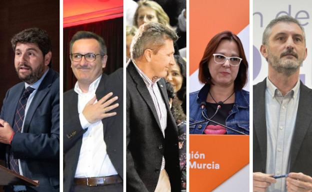 Fernando López Miras (PP), Diego Conesa (PSOE), Pascual Salvador (Vox), Isabel Franco (Ciudadanos) y Óscar Urralburu (Podemos).