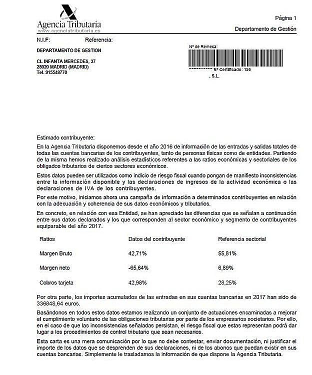 Modelo de una de las cartas que está enviando la AEAT a pymes y autónomos.