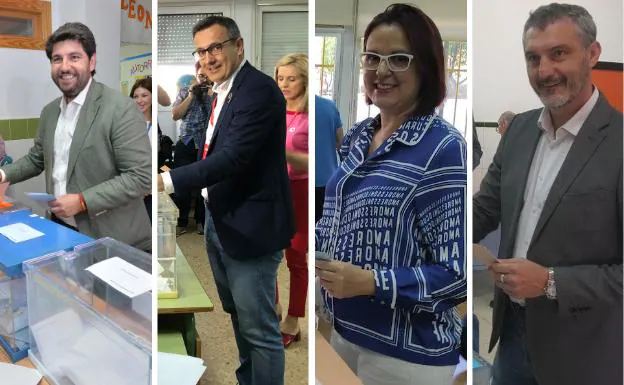 López Miras (PP), Diego Conesa (PSOE) e Isabel Franco (Cs) y Óscar Urralburu (Podemos-Equo) ejerciendo su derecho al voto.