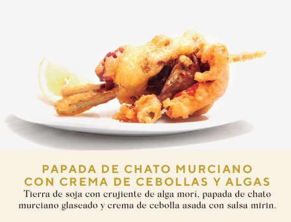 + Fénix. Papada de chato murciano con crema de cebollas y algas