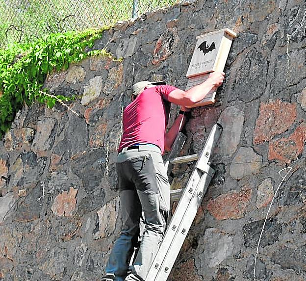 Uno de los participantes instala una caja, en un muro de La Rafa. 