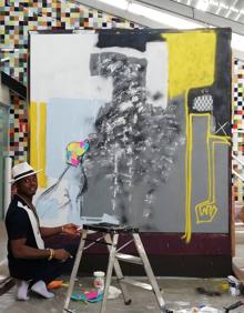 Imagen secundaria 2 - Carlos Atoche, Luca Ledda y Mederic Turay, durante su intervención artística en el Museo Regional de Arte Moderno de Cartagena (Muram).