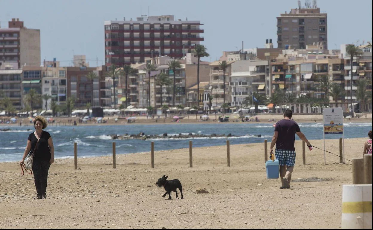 Bañistas con un perro en la playa del Gachero. 
