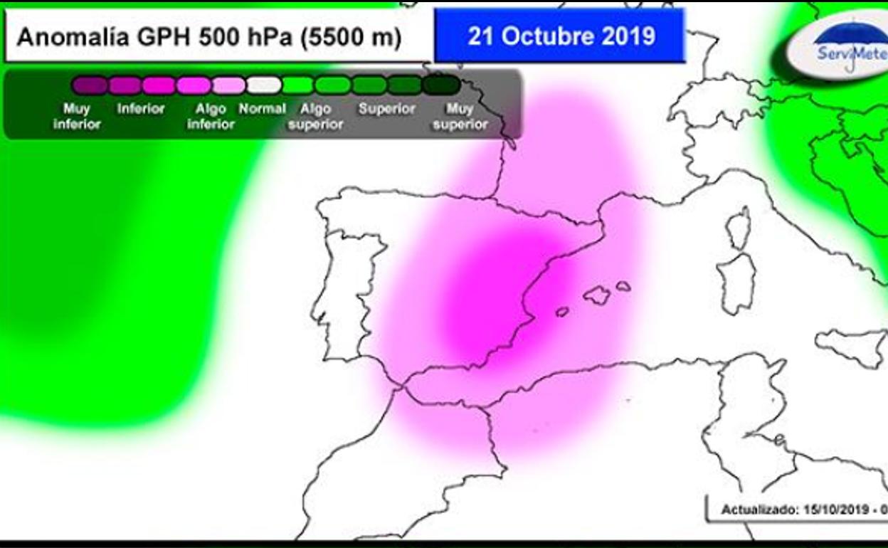 Modelo meteorológico que prevé la aparición de una gota fría en la Región.