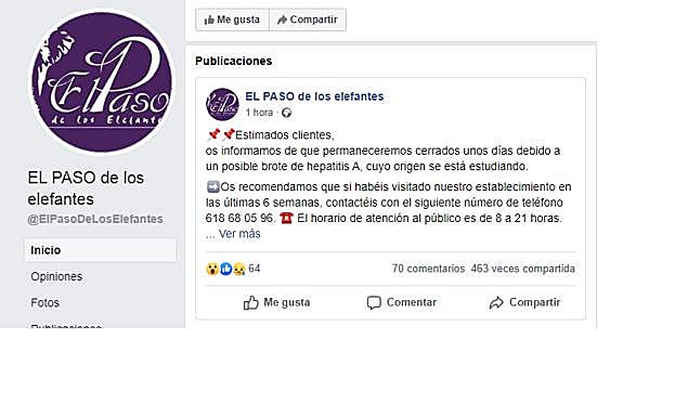 Mensaje difundido por el local en su página de Facebook. 